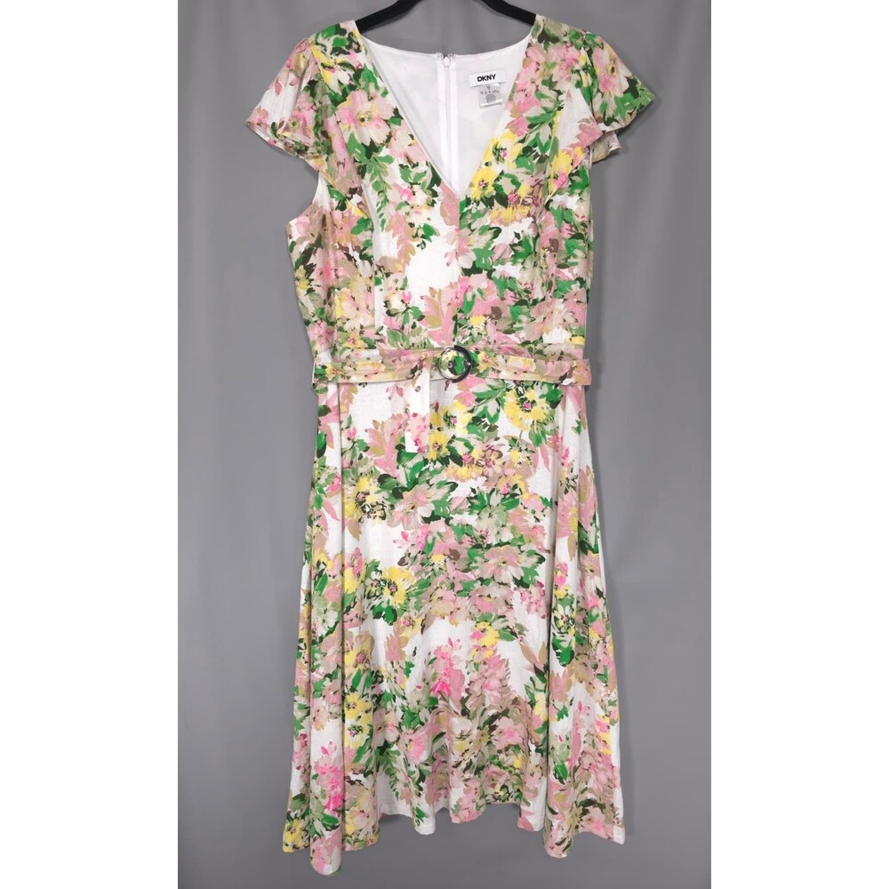 DKNY Women's New Midi Dress 16 Floral Garden Linen Blend Belted V-Neck DD6Q2R94